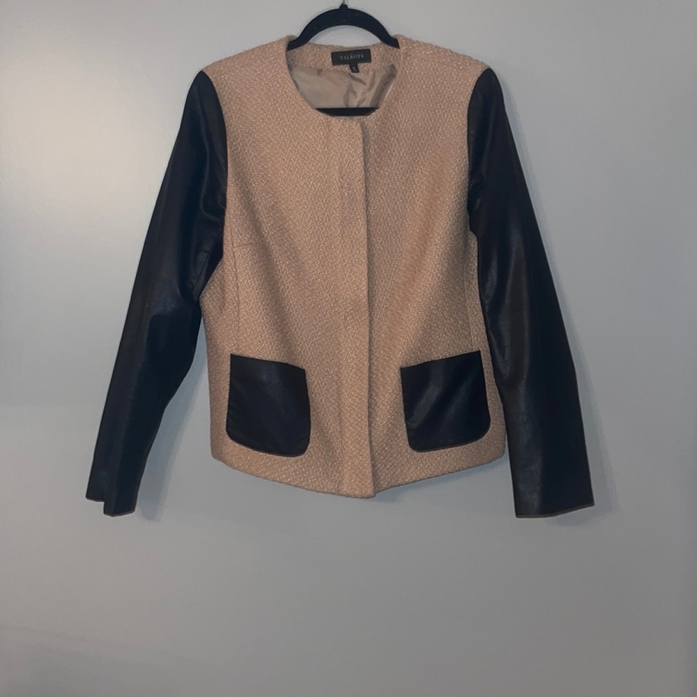 Talbots tweed jacket with black pleather sleeves.